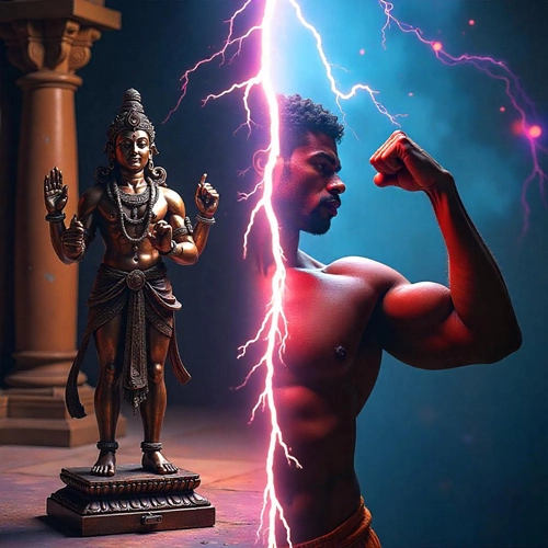Picture of a deity offering blessings on the left with a handsome man flexing his biceps on the right separated by a lightening strike.