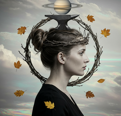 Woman saturn anvil on head